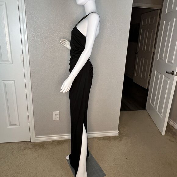 BCBGMAXAZRIA Size M Gown Asymmetric Neck Side Slit Black Open Back Gold Sequin - Picture 3 of 9